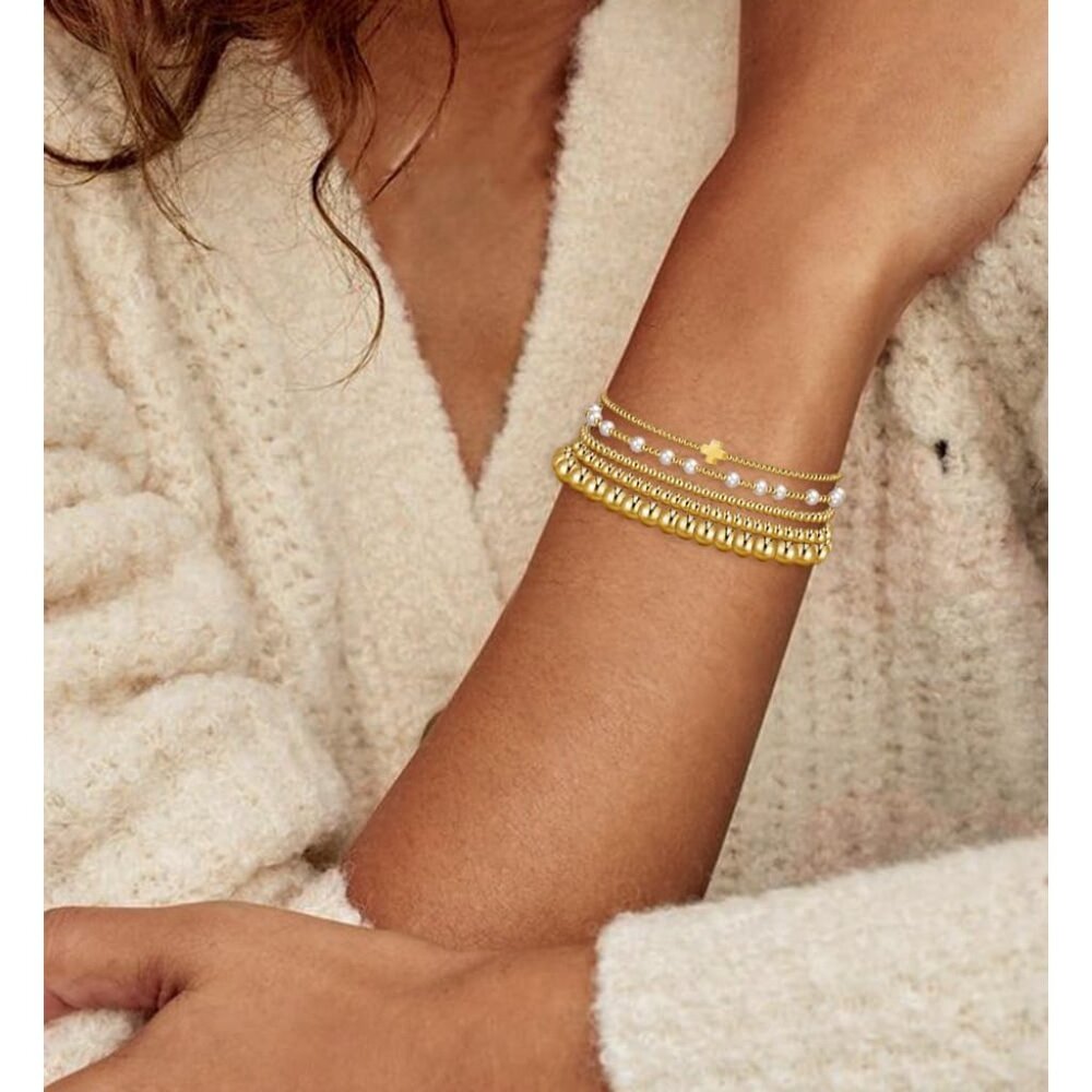 Gold Beaded Stackable Bracelets Set, Trendy 14k G… - image 7